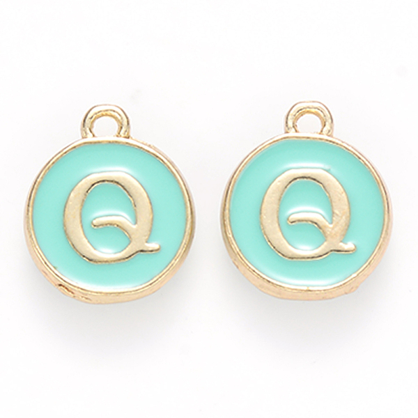 

PandaHall Golden Plated Alloy Enamel Charms, Cadmium Free & Lead Free, Enamelled Sequins, Flat Round with Letter, Turquoise, Letter.Q..., Green