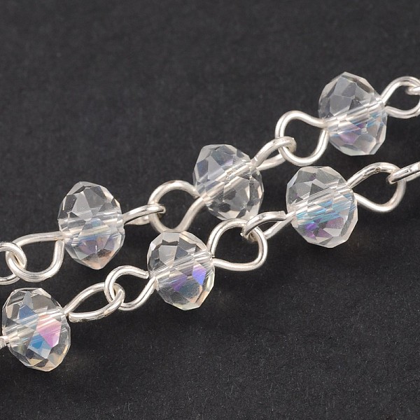 

PandaHall Handmade Rondelle Glass Beads Chains for Necklaces Bracelets Making, with Iron Eye Pin, Unwelded, Silver Color Plated, Clear, 39.3...