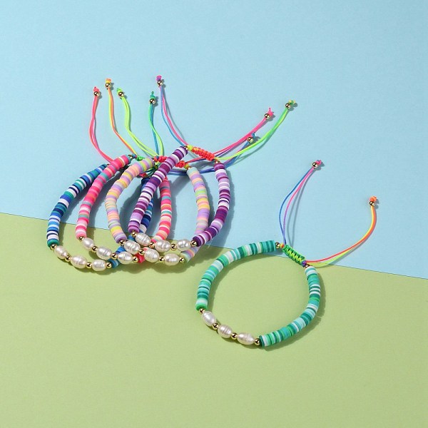 

PandaHall Adjustable Nylon Thread Braided Bead Bracelets, with Polymer Clay Heishi Beads, Natural Pearl Beads and Brass Round Beads, Golden..., Multicolor