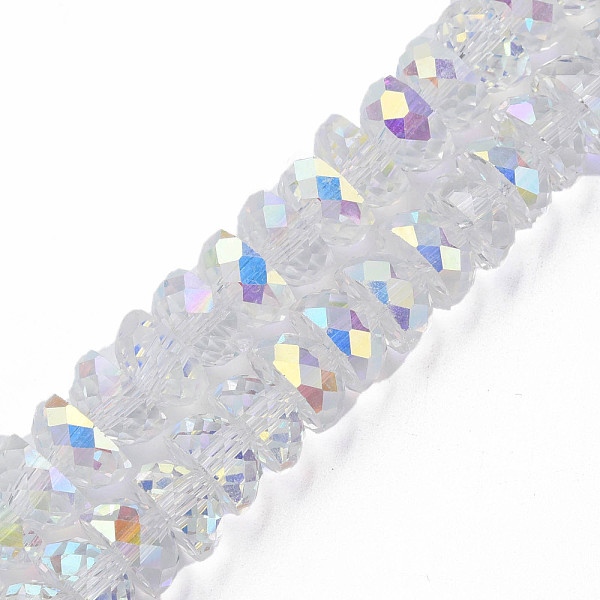 

PandaHall Electroplate Transparent Glass Beads Strands, Faceted, Half Round, Clear AB, 9x5mm, Hole: 1.6mm, about 75pcs/strand, 16.14 inch..., White