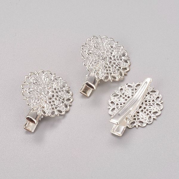 

PandaHall Iron Alligator Hair Clip Findings, with Brass Filigree Flower Tray, Silver Color Plated, 35x25x10mm Brass Silver