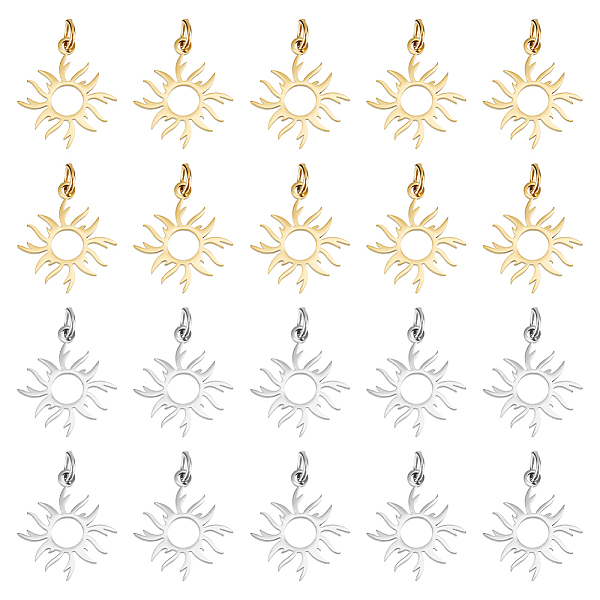 

PandaHall Unicraftale 20Pcs 2 Colors 201 Stainless Steel Solar Eclipse Pendants, Sun, Golden & Stainless Steel Color, 17x16x1mm, Hole: 3mm...