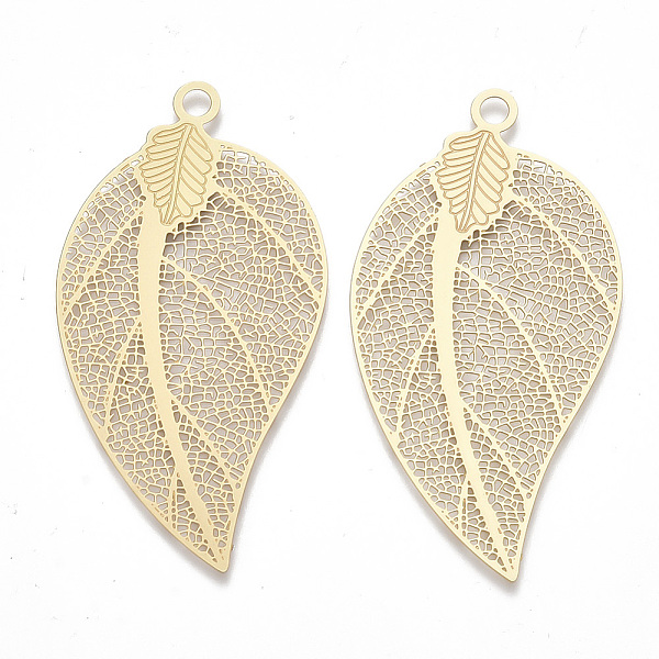 

PandaHall Brass Big Pendants, Etched Metal Embellishments, Matte Style, Leaf, Matte Gold Color, 52x27x0.3mm, Hole: 2.5mm Brass Leaf
