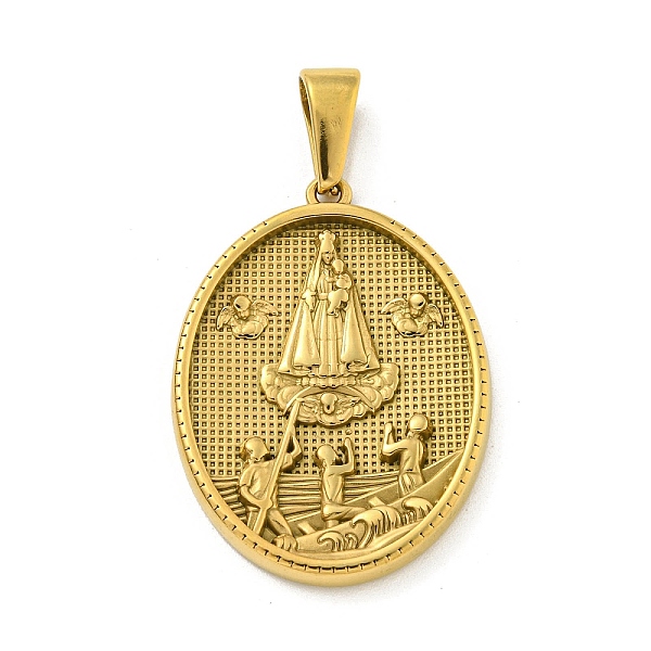 

PandaHall Ion Plating(IP) 304 Stainless Steel Pendants, Oval with Saint Charm, Golden, 35.5x26x4mm, Hole: 9.5x5mm 304 Stainless Steel Oval