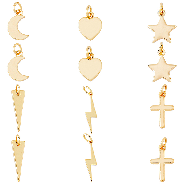 

PandaHall SUPERFINDINGS 12Pcs 6 Style Brass Pendants, with Jump Ring, Long-Lasting Plated, Moon & Heart & Star & Cross & Lightning Bolt &...