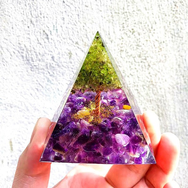 

PandaHall Orgonite Pyramid, Resin Pointed Home Display Decorations, with Natural Amethyst & Peridot Chips and Metal Findings inside, for..., Multicolor