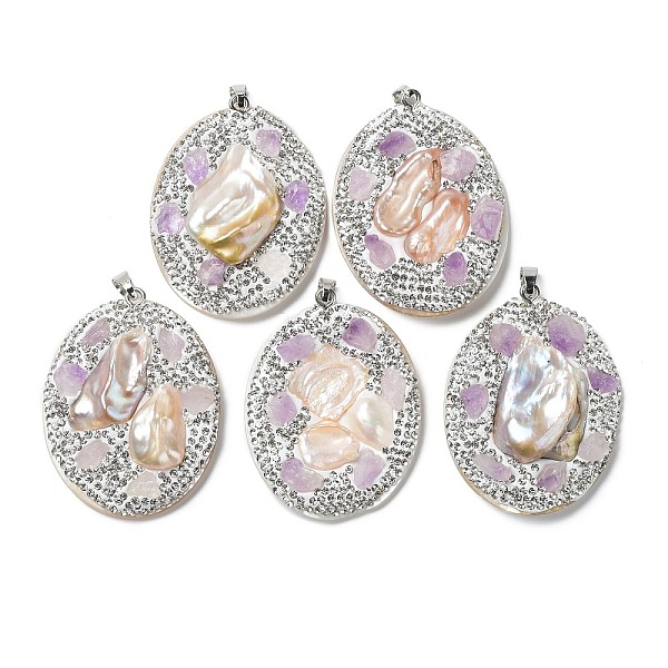 

PandaHall Baroque Natural Freshwater Shell Polymer Clay Rhinestone Big Pendants, Oval Charms with Platinum Plated Brass Snap on Bails, White...