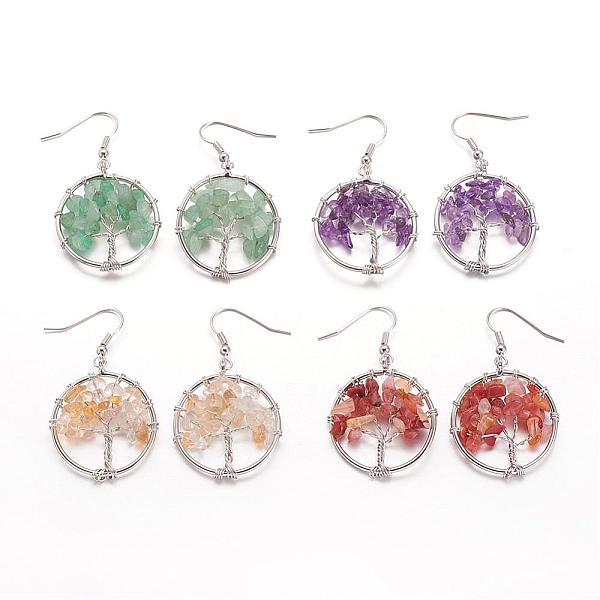 

PandaHall Dangle Earrings, with Natural Gemstone Beads and Brass Hooks, Ring with Tree of Life, 50mm, Pin: 0.6mm Mixed Stone Multicolor