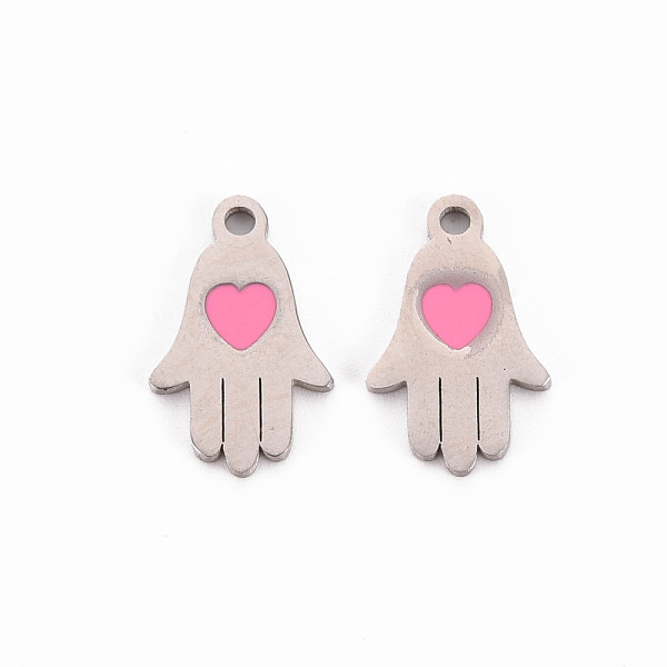 

PandaHall 304 Stainless Steel Enamel Charms, Stainless Steel Color, Hamsa Hand/Hand of Miriam, Hot Pink, 15x9.5x1mm, Hole: 1.5mm Stainless...