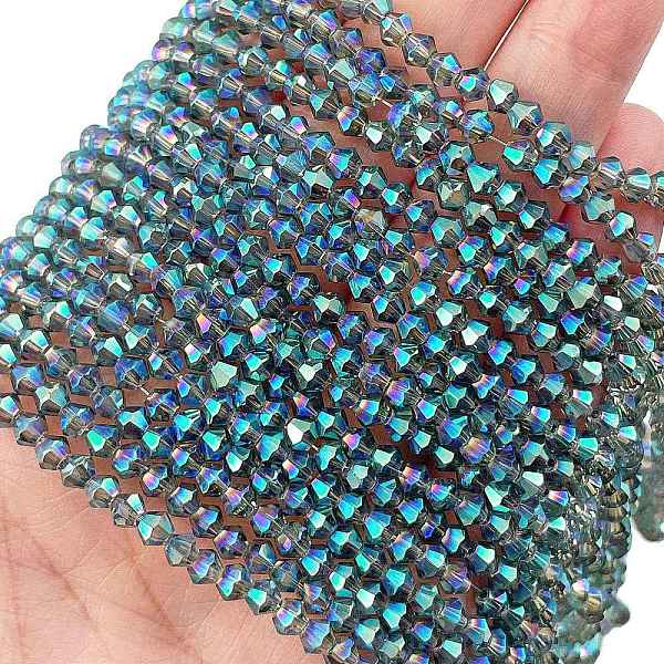 

PandaHall Transparent Electroplate Glass Beads Strands, Full Rainbow Plated, Faceted, Bicone, Dark Sea Green, 3.7x3.2mm, Hole: 0.8mm, about...