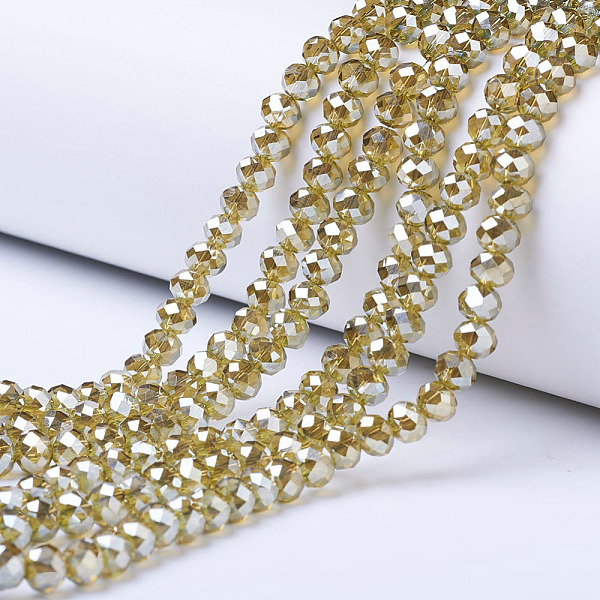 

PandaHall Electroplate Glass Beads Strands, Platinum Plated, Faceted, Rondelle, Dark Khaki, 6x5mm, Hole: 1mm, about 85~88pcs/strand..., Yellow