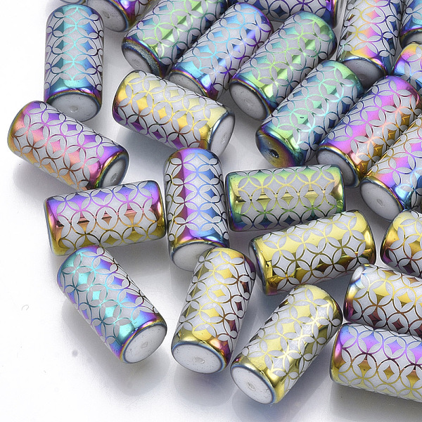 

PandaHall Electroplate Glass Beads, Column with Flower Pattern, Colorful, 20x10mm, Hole: 1.2mm, about 50pcs/bag Glass Flower