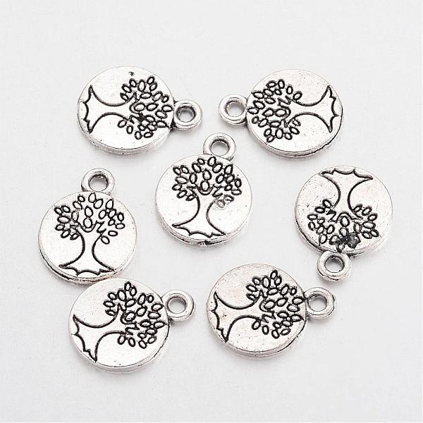 PandaHall Tibetan Style Alloy Flat Round with Tree Charms, Cadmium Free & Lead Free, Antique Silver, 14.8x11.5x1.5mm, Hole: 2mm, about...