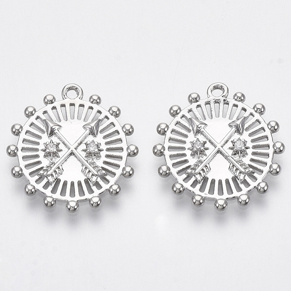 

PandaHall Brass Micro Pave Cubic Zirconia Pendants, Nickel Free, Flat Round with Crossed Arrows, Clear, Real Platinum Plated, 18x17x2mm...