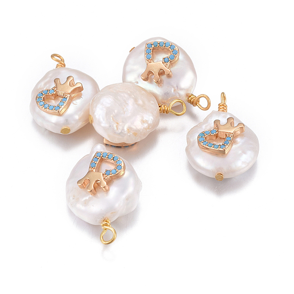 

PandaHall Natural Cultured Freshwater Pearl Pendants, with Brass Cubic Zirconia Findings, Nuggets with Heart and Crown, Golden, Mixed Color..., Multicolor