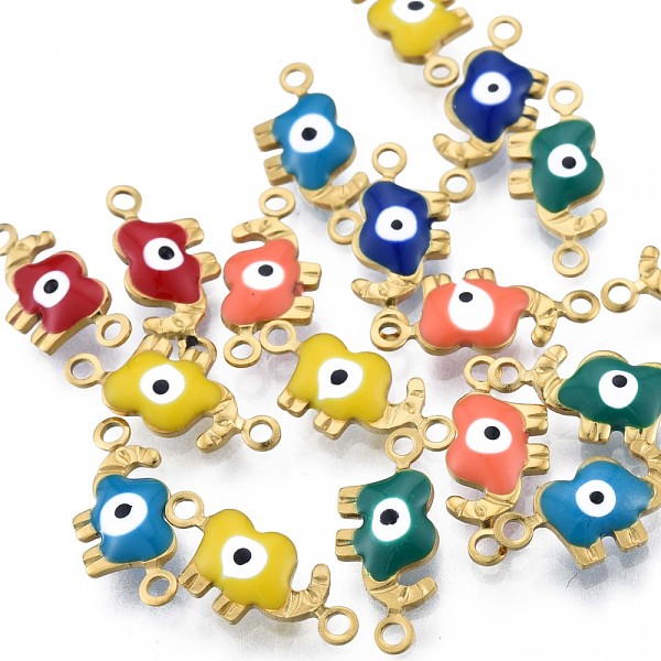 

PandaHall 304 Stainless Steel Enamel Connector Charms, Real 18K Gold Plated, Elephant with Evil Eye, Mixed Color, 6.5x15x2.5mm, Hole: 1.2mm..., Multicolor