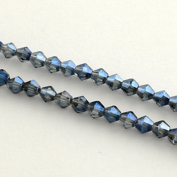

PandaHall Electroplate Glass Bead Strands, Rainbow Plated, Faceted Bicone, Marine Blue, 4x4.5mm, Hole: 1mm, 92~96pcs/strand, 13.78~14.37...