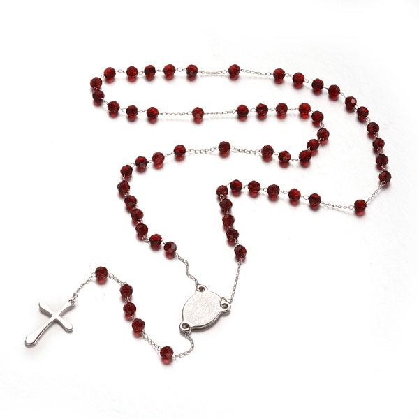 

PandaHall Cross 304 Stainless Steel Rosary Beaded Necklaces, with Glass Beads, Red, 25 inch(64cm) Glass Red