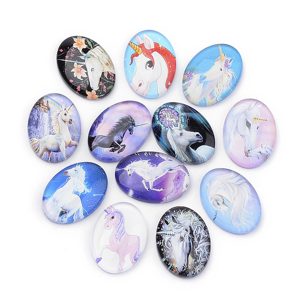 

PandaHall Flatback Glass Cabochons, for DIY Projects, Unicorn Pattern, Oval, Mixed Color, 25x18x5.5mm Glass Oval Multicolor
