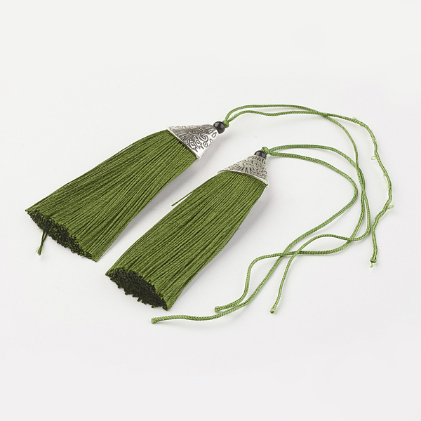 

PandaHall Nylon Tassels Big Pendant Decorations, with CCB Plastic, Antique Silver, Yellow Green, 85x20x10.5mm Nylon Green