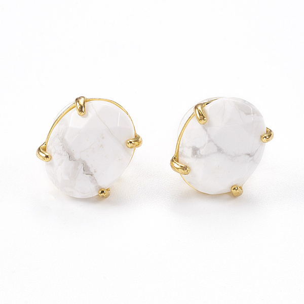 

PandaHall Natural Howlite Stud Earrings, with Golden Tone Brass Findings, Faceted Oval, 14~14.5x11mm, Pin: 0.8mm Howlite