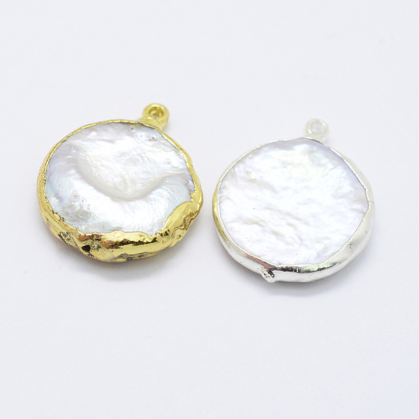 

PandaHall Natural Cultured Freshwater Pearl Pendants, with Brass Findings, Flat Round, Mixed Color, 20~26x16~20x4~6mm, Hole: 1mm Pearl Flat..., White
