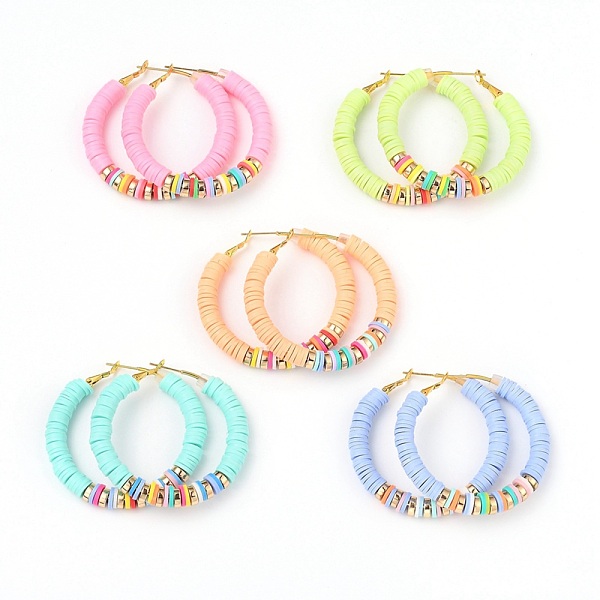 

PandaHall Brass Heishi Beaded Hoop Earrings, with Plastic Ear Nuts and Non-magnetic Synthetic Hematite Beads, Ring, Mixed Color, 49x50mm..., Multicolor