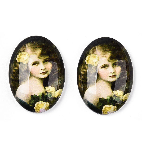 

PandaHall Glass Cabochons, with European Style Pattern, Oval, Champagne Yellow, 25x18x6mm Glass Oval