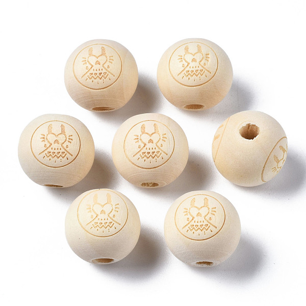 PandaHall Unfinished Natural Wood European Beads, Large Hole Beads, Laser Engraved Pattern, Round with Dress, Old Lace, 15~16x14~15mm, Hole...