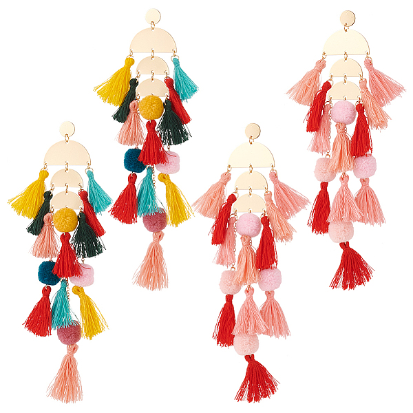 

PandaHall ANATTASOUL 2 Pairs 2 Colors Polyester Tassel with Pompom Chandelier Earrings, Golden Brass Long Cluster Earrings for Woman, Mixed..., Multicolor