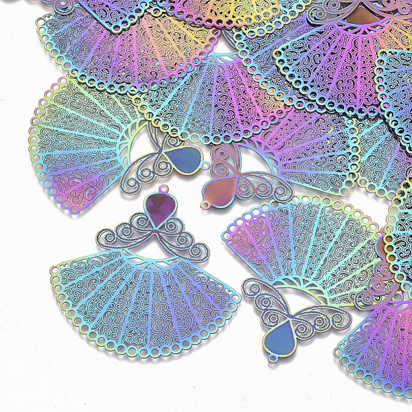 

PandaHall Ion Plating(IP) 304 Stainless Steel Filigree Joiners Links, Etched Metal Embellishments, Dress, Rainbow Color, 49x50x0.3mm, Hole...