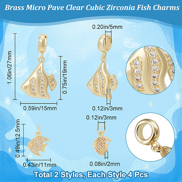

PandaHall Beebeecraft 8Pcs 2 Style Brass Micro Pave Clear Cubic Zirconia Charms, Fish Charm, Golden, 12.5~19x11~15x2~3mm, Hole: 3~5mm...