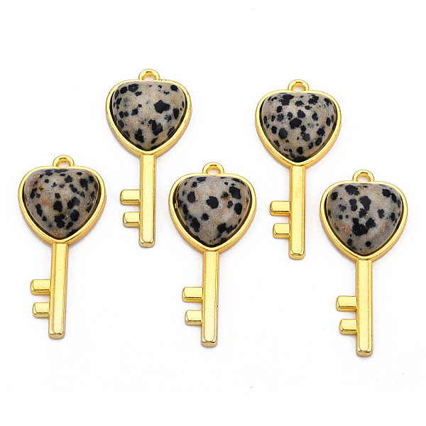 

PandaHall Natural Dalmatian Jasper Pendants, with Light Gold Plated Brass Findings, Key with Heart Charm, 38x17x6.5~7mm, Hole: 1.8mm...