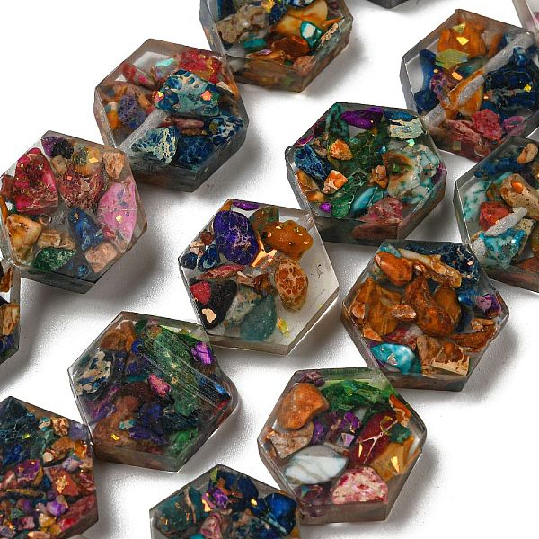 

PandaHall Dyed Natural Imperial Jasper with Resin Beads Strands, Hexagon, Colorful, 18x16x6mm, Hole: 1.5mm, about 10pcs/strand, 6.93 inch...
