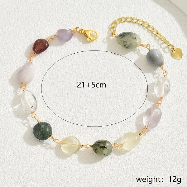 Fashionable Brass Natural Amethyst & Citrine & Rose Quartz & Prehnite & Quartz Crystal Anklets for Women's Beachwear