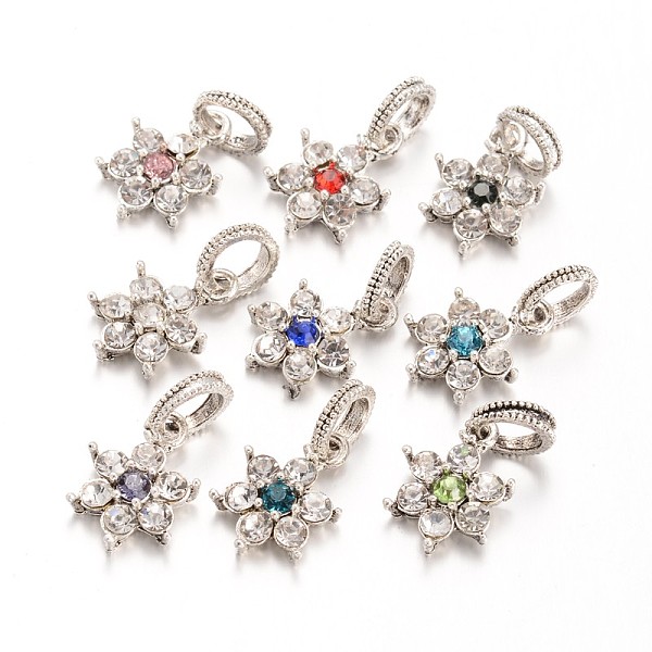 PandaHall Large Hole Alloy Rhinestone European Dangle Charms, Flower, Antique Silver, Mixed Color, 23mm, Hole: 6mm Alloy+Rhinestone Flower...
