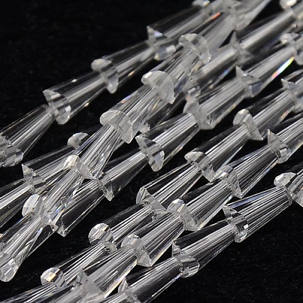

PandaHall Glass Beads Strands, Faceted, Cone, Clear, 7.5x4mm, Hole: 1mm, about 71pcs/strand, 20.4 inch Glass Cone Clear