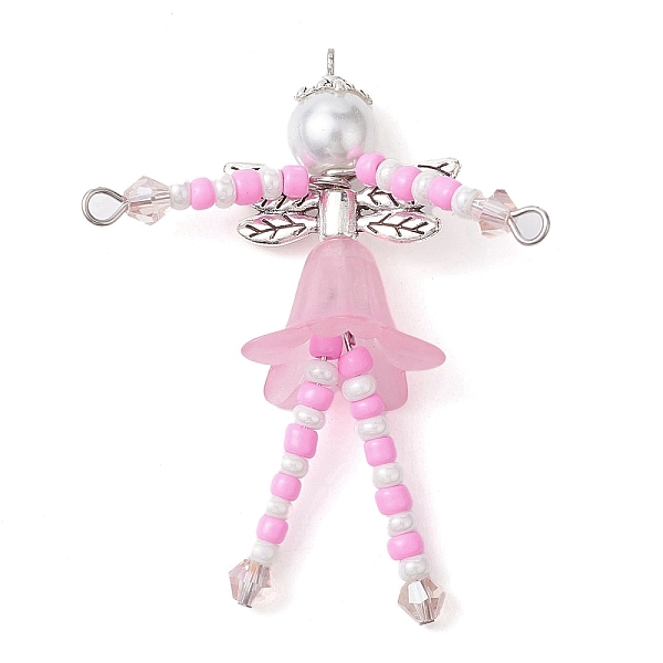 

PandaHall Glass Seed & Acrylic Pearl Beaded Big Pendants, with Alloy Fairy Wing & 304 Stainless Steel Findings, Angel Charms, Pearl Pink...