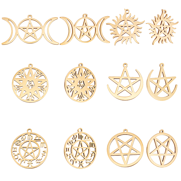 

PandaHall Beebeecraft 12Pcs 6 Style Ion Plating(IP) 304 Stainless Steel Pendant, Hollow Charms, Flat Round with Star & Sun with Star & Ring...