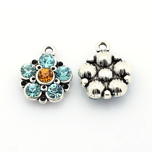 

PandaHall Antique Silver Plated Alloy Rhinestone Flower Pendants, Aquamarine, 19x16x5mm, Hole: 2mm Alloy+Rhinestone Flower Green