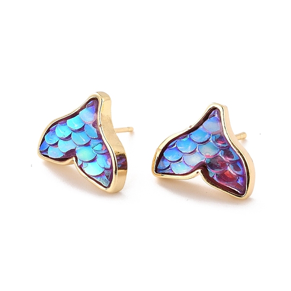 PandaHall Mermaid Fishtail Resin Stud Earring, Dainty Animal Brass Earrings for Girl Women, Golden, Sky Blue, 11x13mm, Pin: 0.7mm Resin Fish