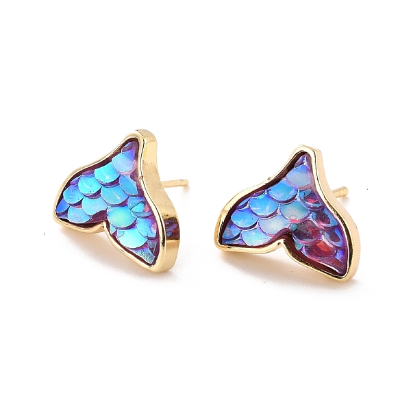 

PandaHall Mermaid Fishtail Resin Stud Earring, Dainty Animal Brass Earrings for Girl Women, Golden, Sky Blue, 11x13mm, Pin: 0.7mm Resin Fish