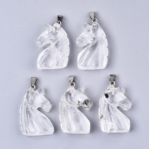 PandaHall Carved Natural Quartz Crystal Pendants, with Stainless Steel Bails, Unicorn, Stainless Steel Color, 38~41x11~14x24~25mm, Hole...