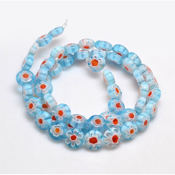 

PandaHall Handmade Millefiori Glass Flat Round Bead Strands, Single Flower Design, Light Sky Blue, 8x4mm, Hole: 1mm, about 53pcs/strand...