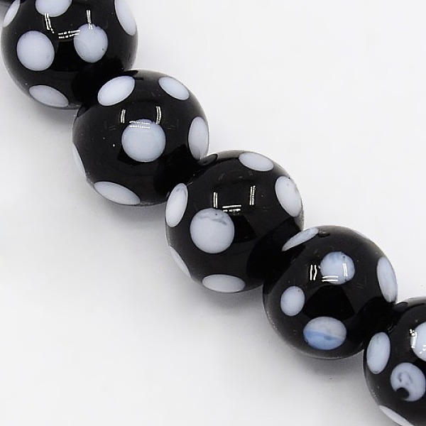 

PandaHall Handmade Lampwork Round Beads Strands, polka-dotted, Black, 10mm, Hole: 1mm, about 30pcs/strand, 11.02 inch Lampwork Round Black