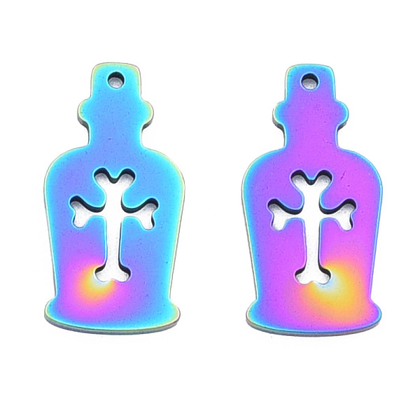 

PandaHall Ion Plating(IP) 201 Stainless Steel Pendants, Halloween Style, Bottle with Cross, Rainbow Color, 25x12x1mm, Hole: 1.4mm 201...