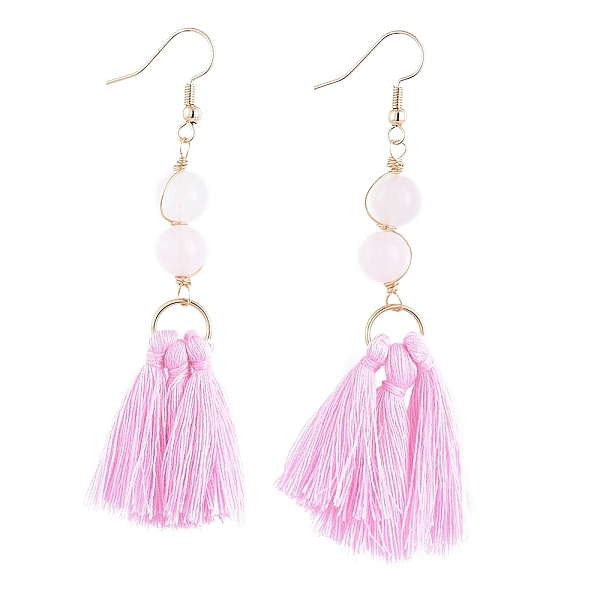 

PandaHall Dangle Earrings, with Cotton Thread Tassels, with Natural Rose Quartz Gemstone Beads and Brass Earring Hooks, Golden, Pearl Pink...