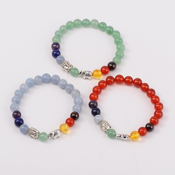 PandaHall Stretch Buddhist Jewelry Multi-Color Gemstone Chakra Bracelets, with Tibetan Style Beads, Antique Silver, Mixed Stone, 55mm Mixed...