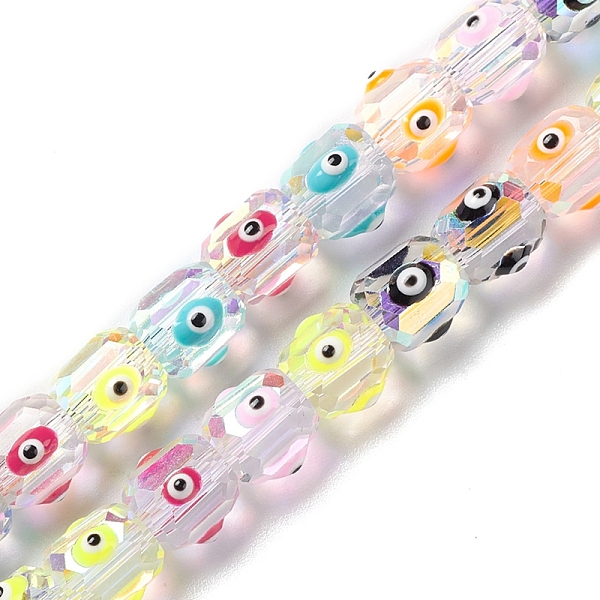 

PandaHall Transparent Evil Eye Glass Beads Strands, with Enamel, Faceted, Barrel, Mixed Color, 9x8.5~10mm, Hole: 1.5mm, about 40pcs/strand..., Multicolor