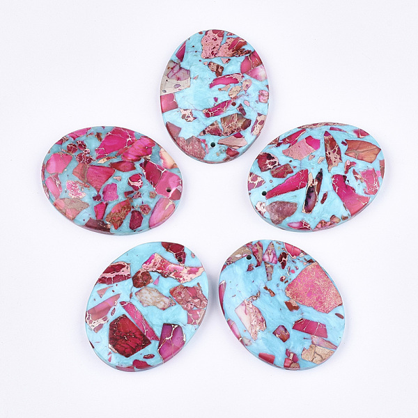 

PandaHall Assembled Synthetic Imperial Jasper and Turquoise Pendants, Dyed, Oval, Deep Pink, 45x35~35.5x7mm, Hole: 1.4mm Imperial Jasper...